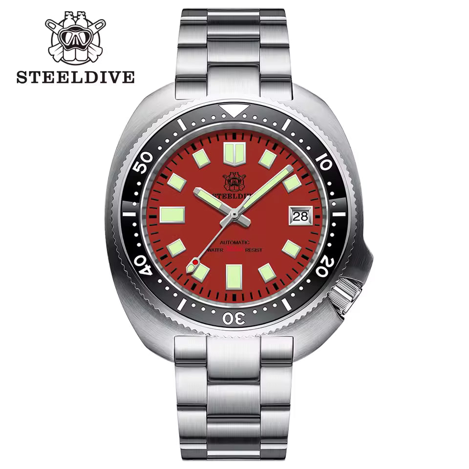 Steeldive Turtle. Red Dial. NH35. SD1974. Sapphire crystal, milled clasp. 120 Click Bezel, screwdown caseback.