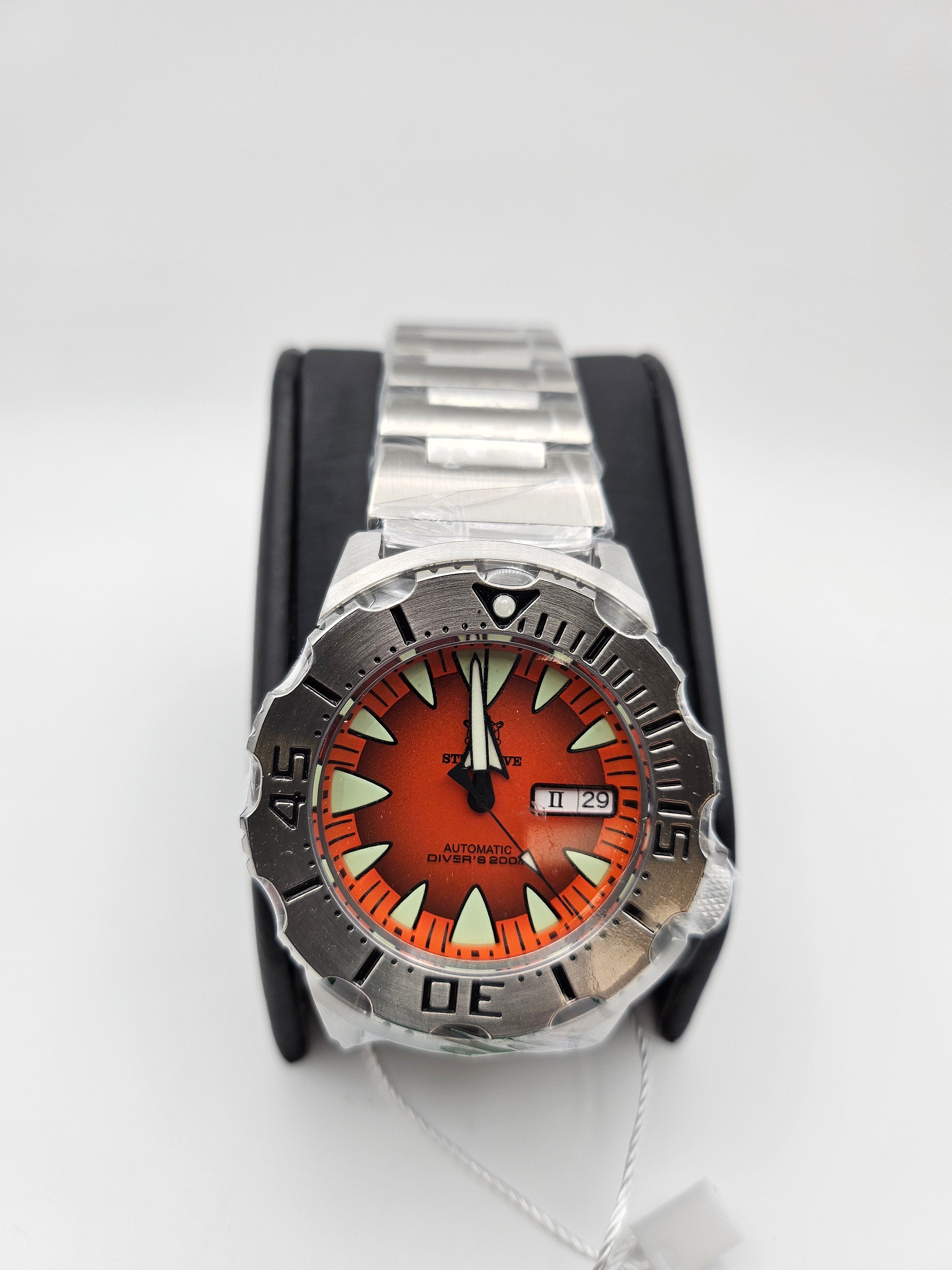 Steeldive SD1984 "MONSTER". Orange Dial, Stainless Steel Band.