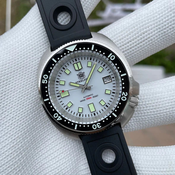 Steeldive "Captain Willard Turtle". White Dial. Luminous Hands. 200 meters. NH35