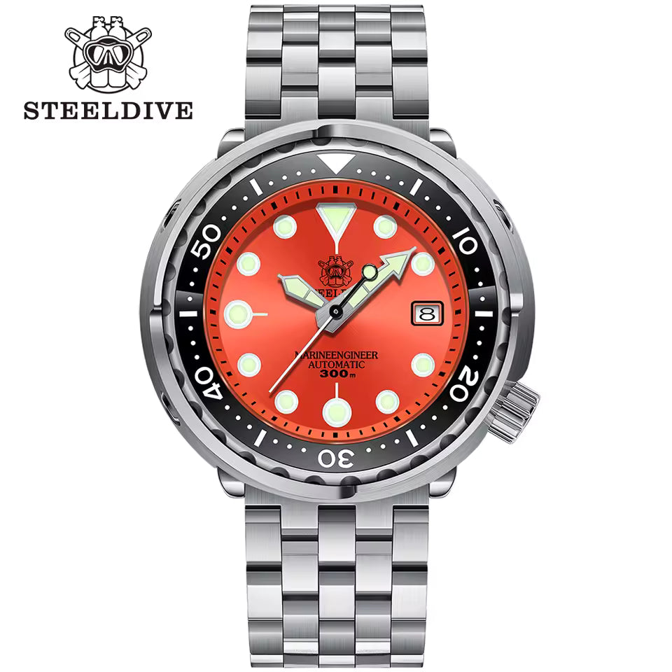Steeldive "Tuna". 300 Meter Dive Watch. AR Sapphire Crystal. Orange Dial. 5 link engineer bracelet.