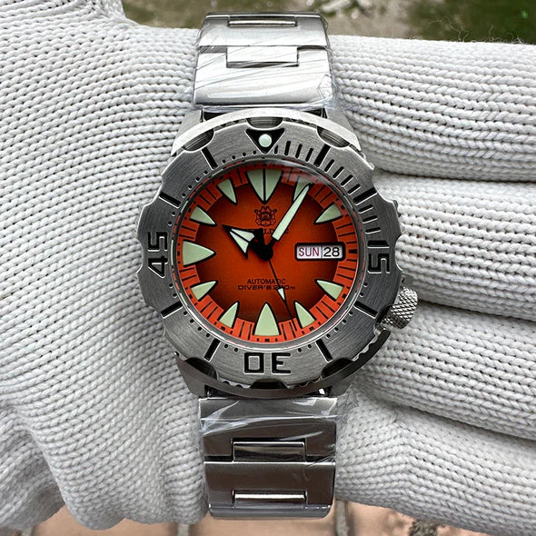 Steeldive SD1984 "MONSTER". Orange Dial, Stainless Steel Band.